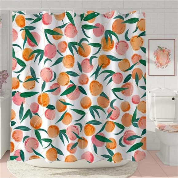 Allover Fruits Shower Curtains,Peach, Cute Bright Fabric Bathroom Curtain Set - Picture 5 of 8